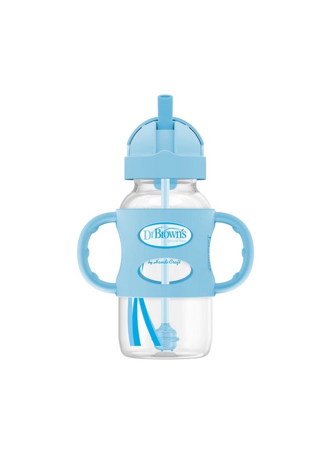 Dr. Brown's Milestones Wide-Neck Sippy Straw Bottle with 100% Silicone Handles and Weighted Straw, 9 oz/270 mL, Blue, 6m+