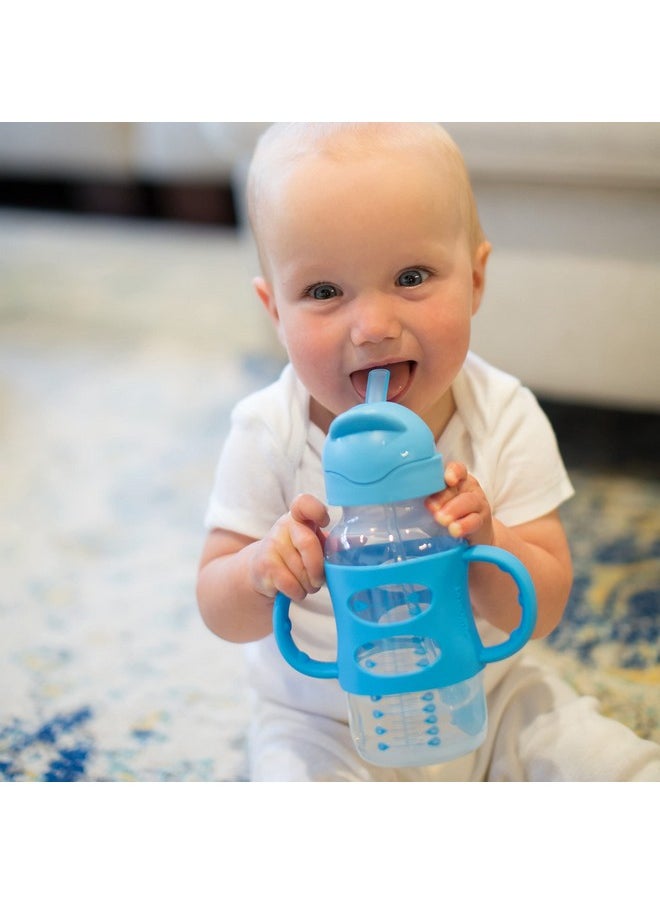 Dr. Brown's Milestones Wide-Neck Sippy Straw Bottle with 100% Silicone Handles and Weighted Straw, 9 oz/270 mL, Blue, 6m+