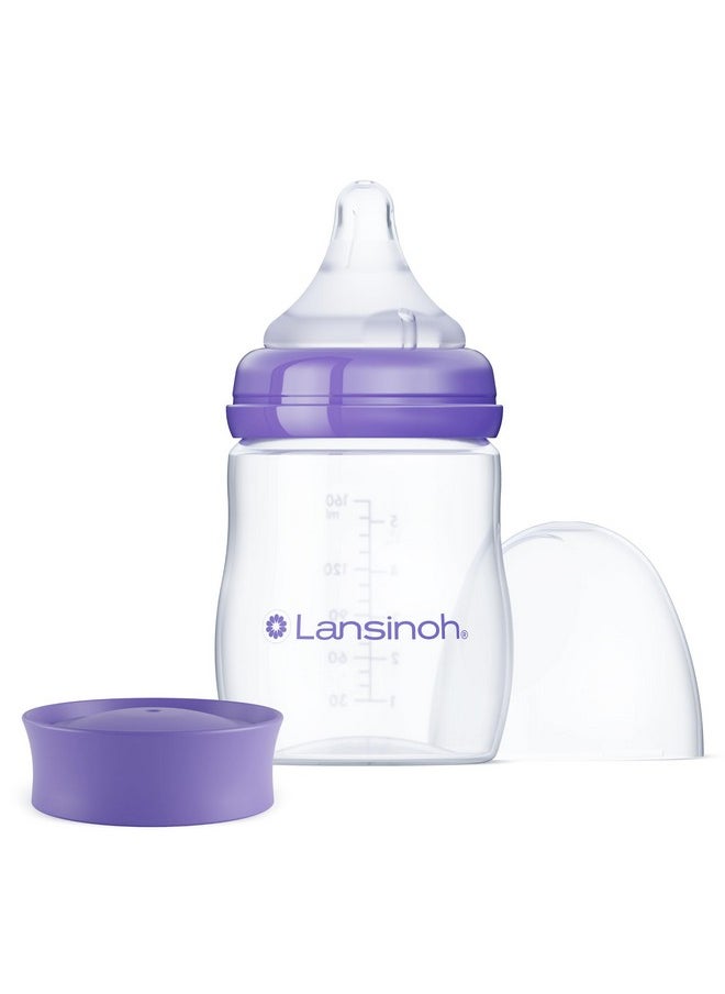 Lansinoh Anti-Colic Baby Bottle for Breastfeeding Babies, 5 Ounces, 1 Count, Includes 1 Slow Flow Nipple, Size S and Stackable Lid