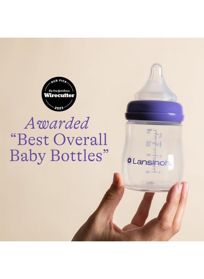 Lansinoh Anti-Colic Baby Bottle for Breastfeeding Babies, 5 Ounces, 1 Count, Includes 1 Slow Flow Nipple, Size S and Stackable Lid