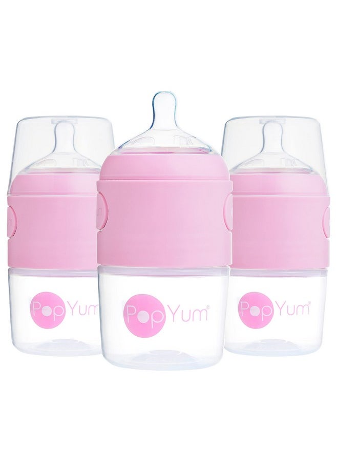 PopYum 5 oz Pink Anti-Colic Formula Making/Mixing/Dispenser Baby Bottles, 3-Pack with #1 Slow Flow Nipples, 150 ml, BPA-Free, Natural Latch