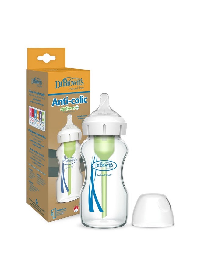 Dr. Brown's Natural Flow Anti-Colic Options+ Wide-Neck Glass Baby Bottle 9 oz/270 mL,with Level 1 Slow Flow Nipple,1 Pack,0m+