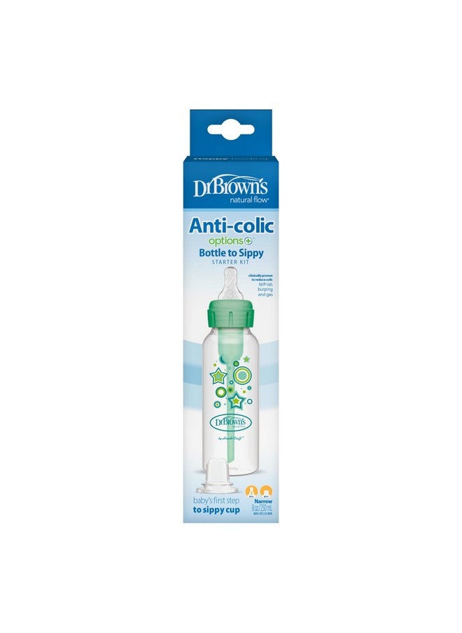 Dr. Brown's Anti-Colic Options+ Narrow Sippy Bottle Starter Kit, 8oz/250mL, with Level 3 Medium-Fast Flow Nipple and Soft 100% Silicone Sippy Spout, Green, BPA Free, 6m+