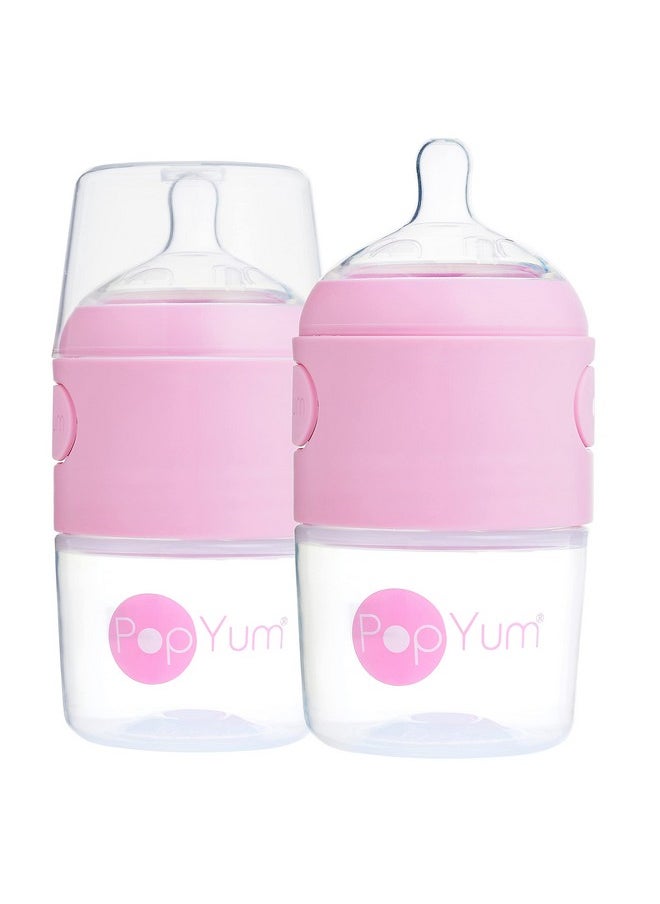 PopYum 5 oz Pink Anti-Colic Formula Making/Mixing/Dispenser Baby Bottles, 2-Pack with #1 Slow Flow Nipples, 150 ml, BPA-Free, Natural Latch