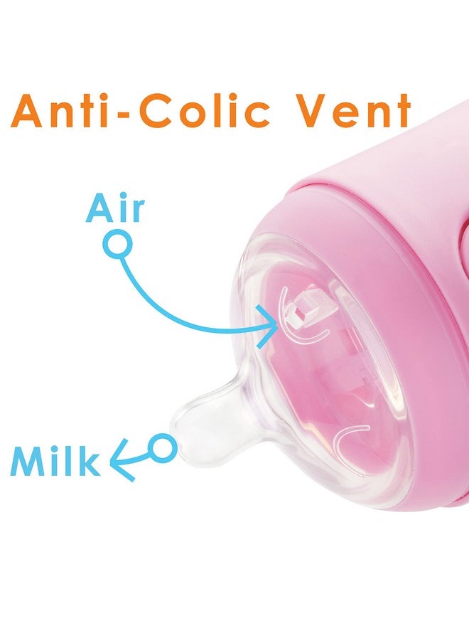 PopYum 5 oz Pink Anti-Colic Formula Making/Mixing/Dispenser Baby Bottles, 2-Pack with #1 Slow Flow Nipples, 150 ml, BPA-Free, Natural Latch