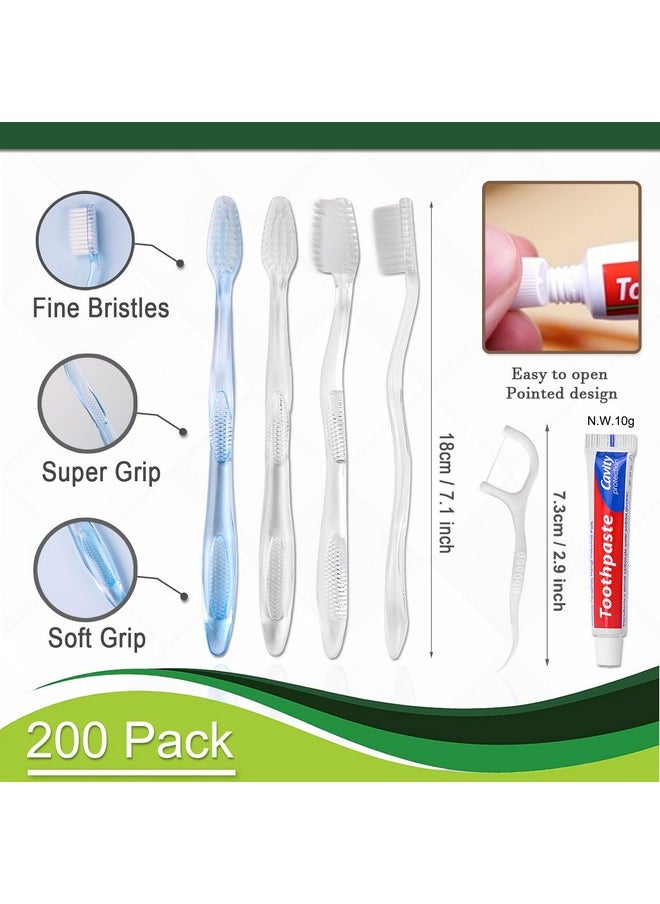 HQSLsund 200 pcs Disposable Toothbrushes with Toothpaste Floss Individually Wrapped, 2 Color Toothbrush, 10g Toothpaste, Floss Pick, Bulk Toothbrush for Homeless,Airbnb,Hotel,Guest