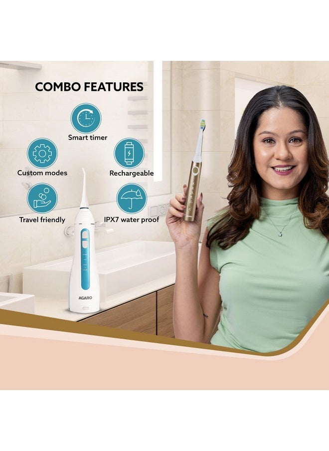 AGARO Cosmic Max Sonic Tooth Brush Champagne Gold & Ultra Portable Oral Irigator 200 ML White & Blue, Combo