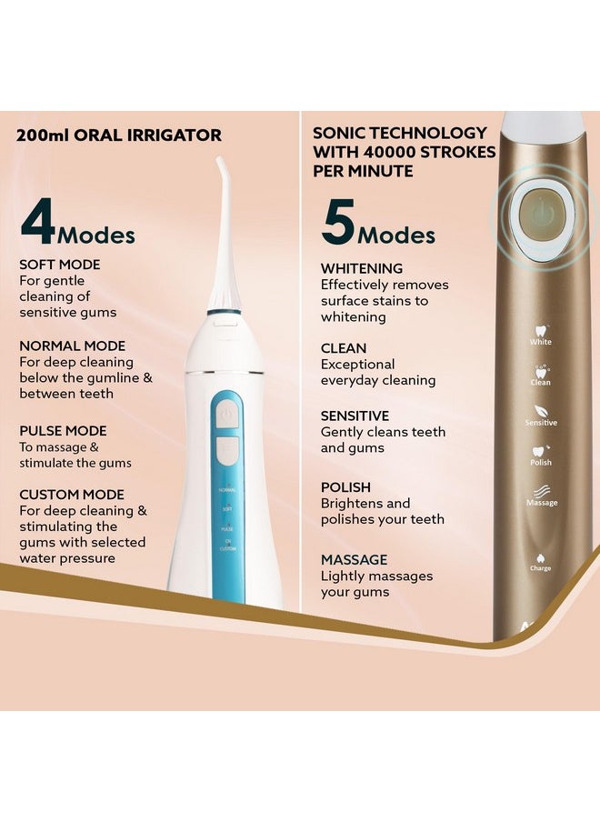 AGARO Cosmic Max Sonic Tooth Brush Champagne Gold & Ultra Portable Oral Irigator 200 ML White & Blue, Combo