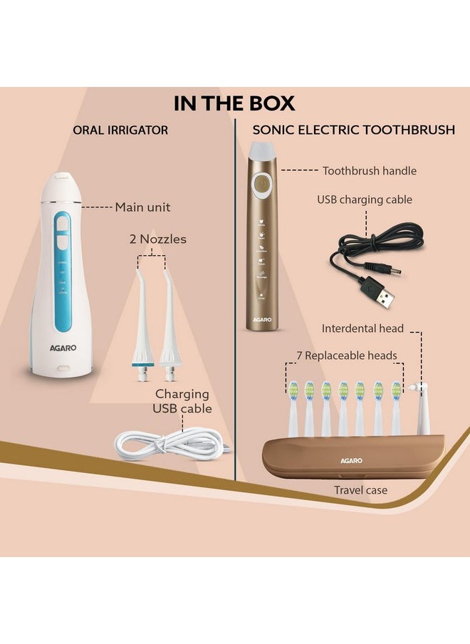 AGARO Cosmic Max Sonic Tooth Brush Champagne Gold & Ultra Portable Oral Irigator 200 ML White & Blue, Combo