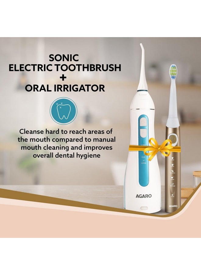 AGARO Cosmic Max Sonic Tooth Brush Champagne Gold & Ultra Portable Oral Irigator 200 ML White & Blue, Combo