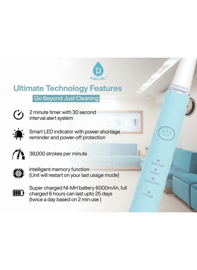 Pursonic Whitening USB Rechargeable Sonic Toothbrush-12 Brush Heads!- 38,000 Brush Strokes Per Minute-3 Brushing Modes with 2 Minute Auto Timer (Green)