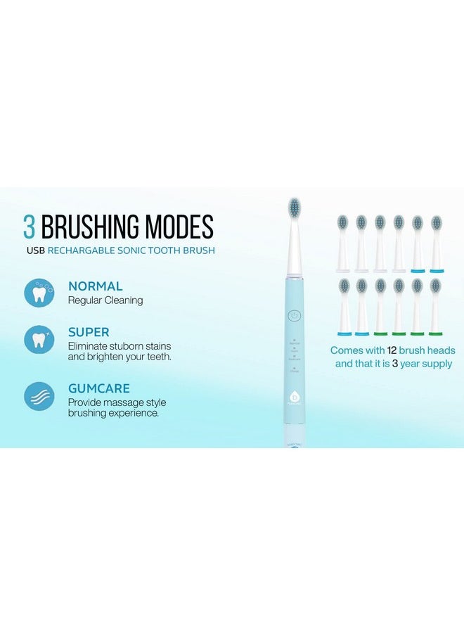 Pursonic Whitening USB Rechargeable Sonic Toothbrush-12 Brush Heads!- 38,000 Brush Strokes Per Minute-3 Brushing Modes with 2 Minute Auto Timer (Green)