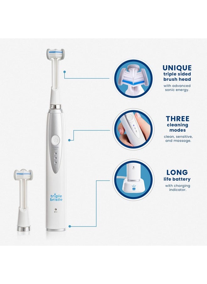 Triple Bristle Kids Sonic Toothbrush | 2 Pack | 3-Sided Brushing to Clean Teeth and Gums | Dentist Created & Approved | Fun Sticker Rewards | Rechargeable Toothbrush