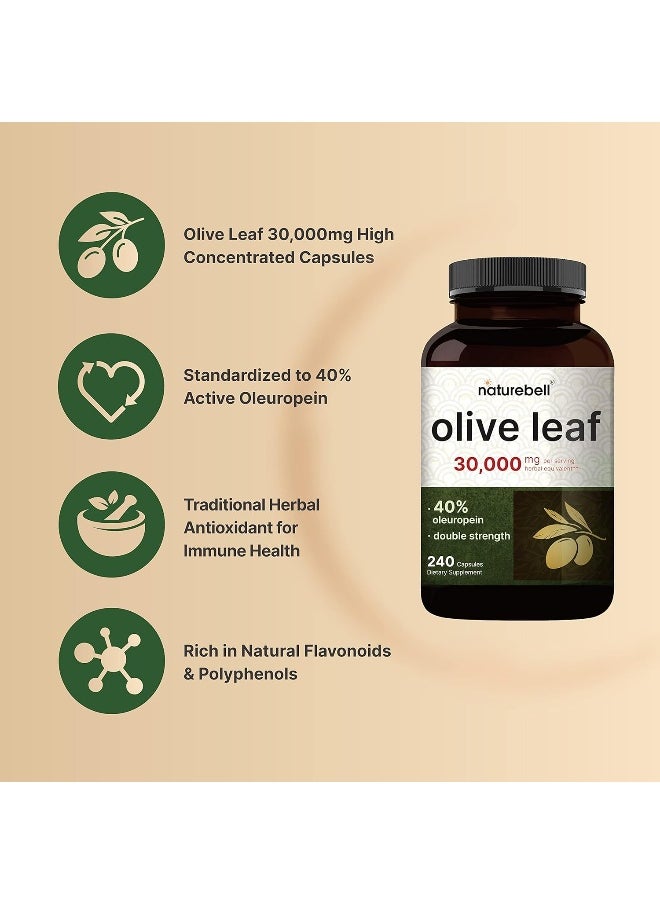 Olive Leaf Extract 30000mg, 240 Capsules | 40% Active Oleuropein, 50:1 Herbal Equivalent – Rich in Polyphenol & Flavonoid Antioxidants for Immune & Heart Health – Non-GMO