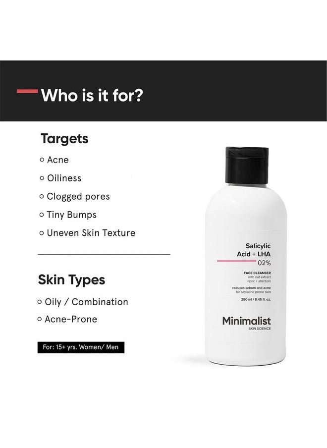 Minimalist 2% Salicylic Acid Face Wash For Oily Skin | Sulphate free, Anti Acne Face Cleanser With LHA & Zinc For Acne or Pimples | For Women & Men | 250 ml