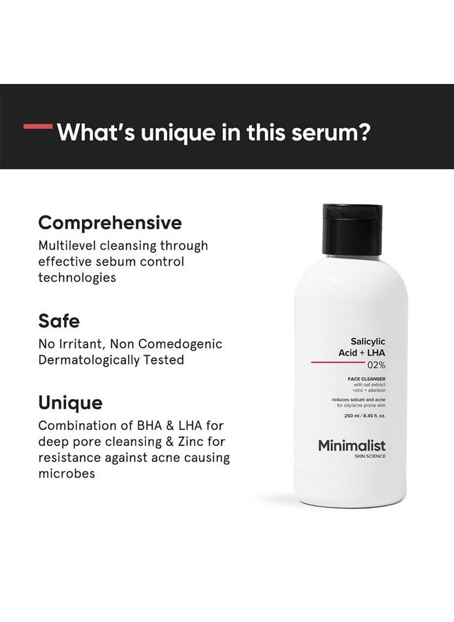 Minimalist 2% Salicylic Acid Face Wash For Oily Skin | Sulphate free, Anti Acne Face Cleanser With LHA & Zinc For Acne or Pimples | For Women & Men | 250 ml