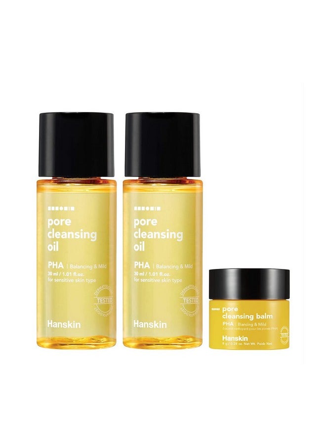 Hanskin PHA Pore Cleansing Oil and PHA Cleansing Balm, Sample Trial Size, Travel Size Mini Makeup Remover Set, Gentle Blackhead Cleanser for Sensitive Skin [30 ml/Pack of 2] + [8g/PHA Balm]