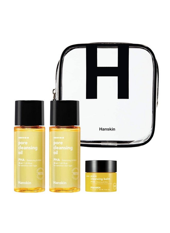 Hanskin PHA Pore Cleansing Oil and PHA Cleansing Balm, Sample Trial Size, Travel Size Mini Makeup Remover Set, Gentle Blackhead Cleanser for Sensitive Skin [30 ml/Pack of 2] + [8g/PHA Balm]