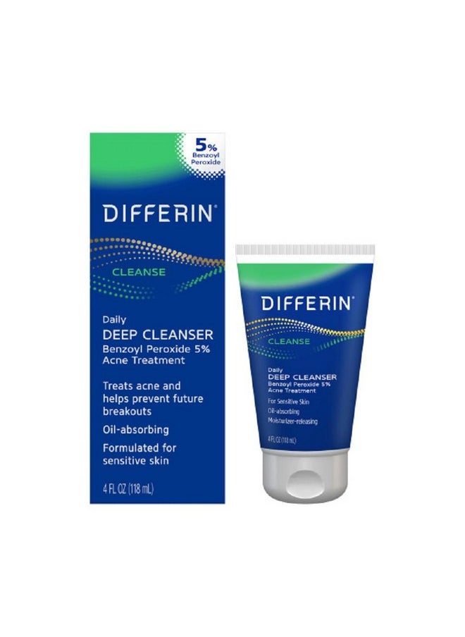 Differin Acne Face Wash with 5% Benzoyl Peroxide, Daily Deep Cleanser by the makers of Differin Gel, Gentle Skin Care for Acne Prone Sensitive Skin, 4 oz (Packaging May Vary)