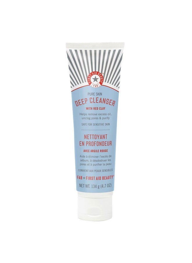 First Aid Beauty - Pure Skin Deep Cleanser with Red Clay, Deep Cleansing Face Wash with Antioxidant Booster for Oily and Blemish-Prone Skin, Reduce Oil & Unclog Pores, Safe for Sensitive Skin, 4.7 oz