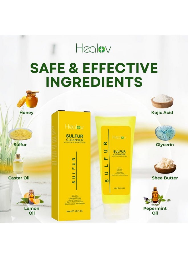 Healov Sulfur Soap - Sulfur Face & Body Wash for Acne - Sulphur Exfoliating Facial Cleanser Absorbs Excess Oil, Reduces Breakouts, & Cleanses Skin - Natural Cystic Acne, Rosacea Skin Care Treatment