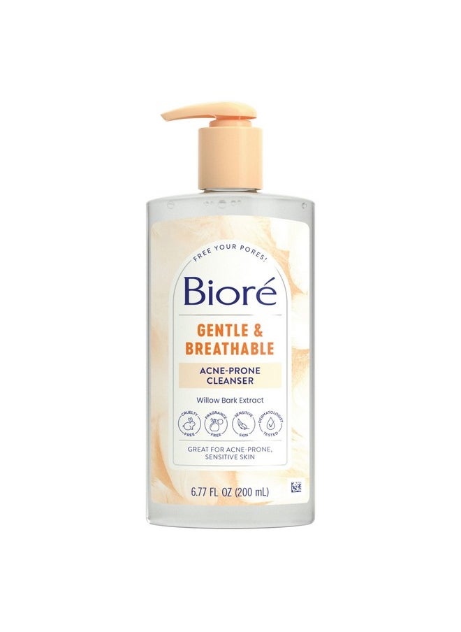 Biore Gentle & Breathable Acne Face Wash, Gentle Face Cleanser for Sensitive and Acne Prone Skin, Infused with Willow Bark Extract to Clarify Skin, Fragrance Free, 6.77 Oz