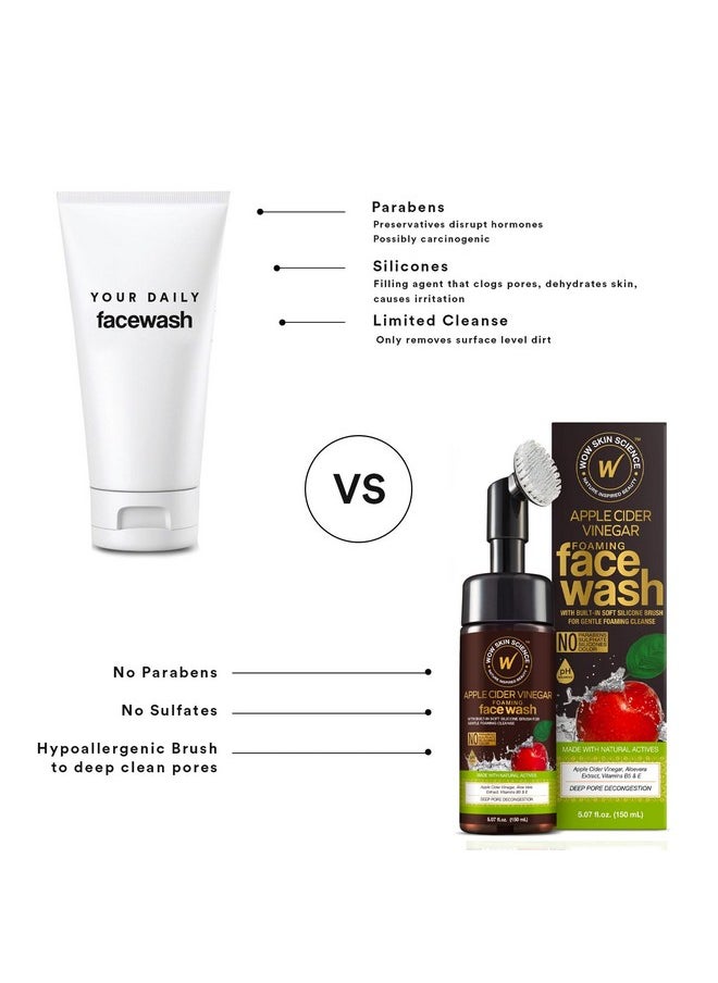 WOW Skin Science Apple Cider Vinegar Foam Exfoliating Face Wash & Brush 5.07 oz