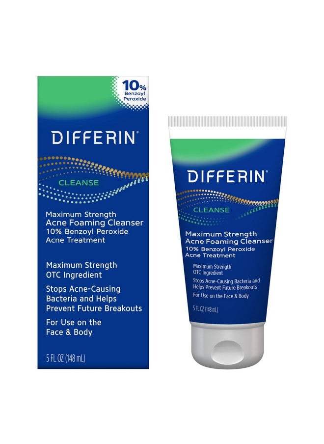 Differin Acne Face Wash with 10% Benzoyl Peroxide, Maximum Strength OTC Acne Foaming Cleanser, Fast Acting Acne Treatment for Face and Body, 5 oz.