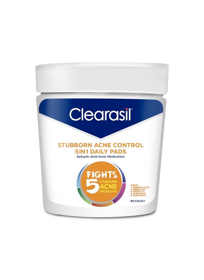 Clearasil Stubborn Acne Control 5in1 Daily Facial Cleansing Pads, with Salicylic Acid Acne Treatment Medicine, 90 Count