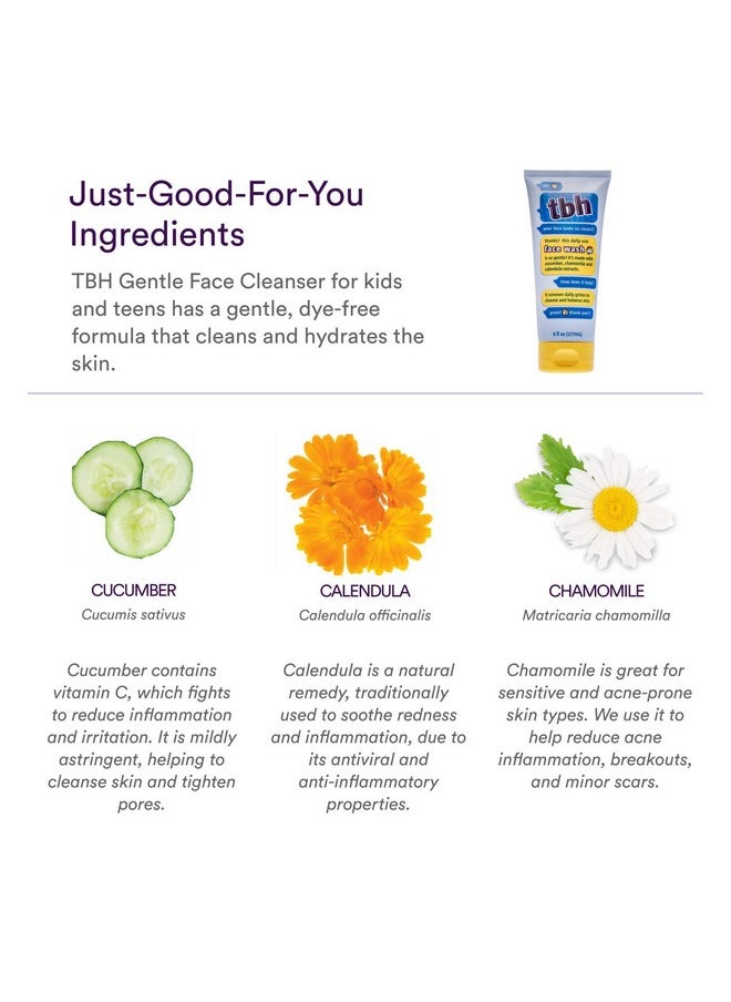 TBH Kids Gentle Gel Face Wash for Kids, Preteens, and Teens with Sensitive Dry Oily Skin - Gentle Facial Cleanser and Hydrating Facewash for Girls and Boys - Sulfate Free, Paraben Free - 6 Oz