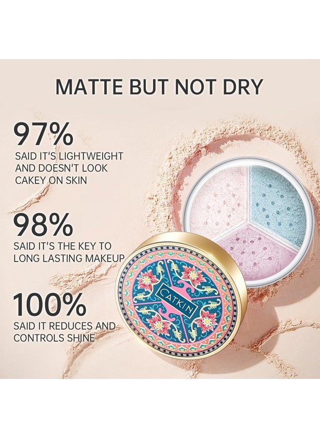 CATKIN Poreless Finish Loose Setting Powder Makeup, Translucent Matte Finishing Makeup for All Skin Tones, 3 Colors Even Skin Tone - 0.42 oz Includes Velour Puff C04 Matte