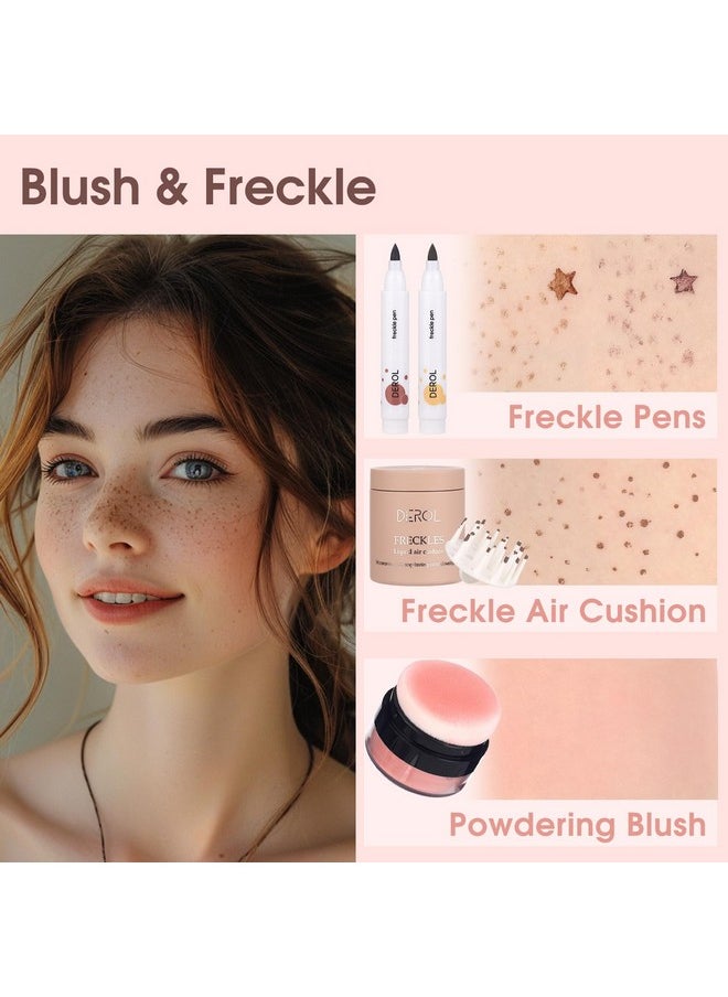 Natural Freckle Blush Makeup Kit- Liquid Fake Freckle Air Cushion, 2 Colors Freckle Pen, Powder Cushion Blush, Waterproof Long Lasting Freckles Marker for Cheek