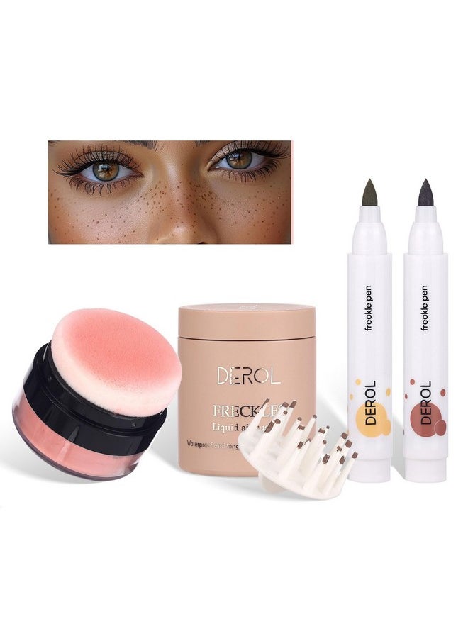 Natural Freckle Blush Makeup Kit- Liquid Fake Freckle Air Cushion, 2 Colors Freckle Pen, Powder Cushion Blush, Waterproof Long Lasting Freckles Marker for Cheek