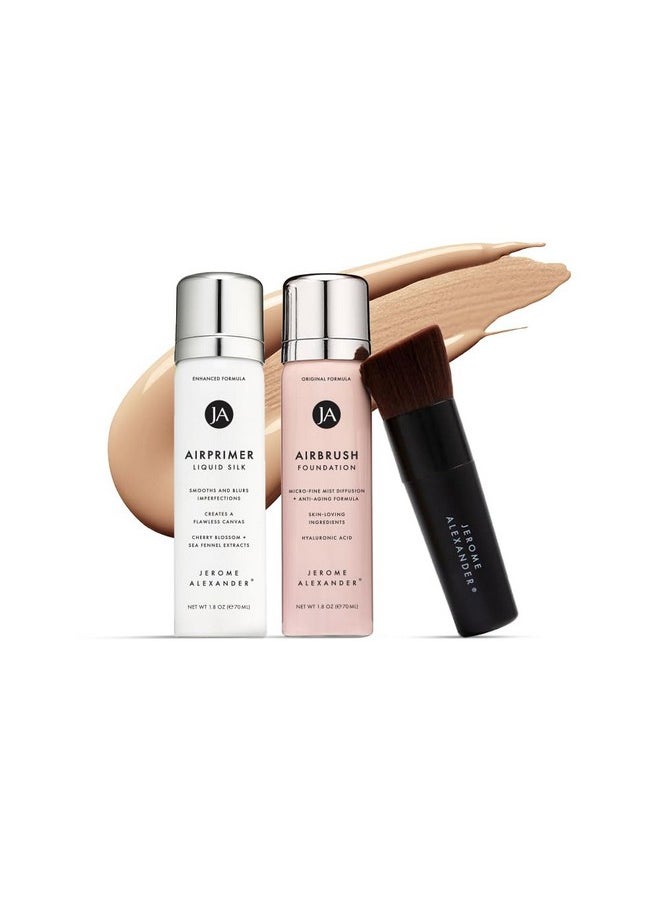 MagicMinerals AirBrush Foundation Set by Jerome Alexander - 3pc Set Includes Primer, Foundation and Kabuki Brush - Spray Makeup with Anti-aging Ingredients for Smooth Radiant Skin (Light)