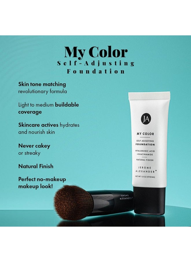 Jerome Alexander My Color Self-Adjusting Foundation, Hydrating & Lightweight Face Makeup, Skincare-Infused, with Kabuki Brush, Light, 1 oz