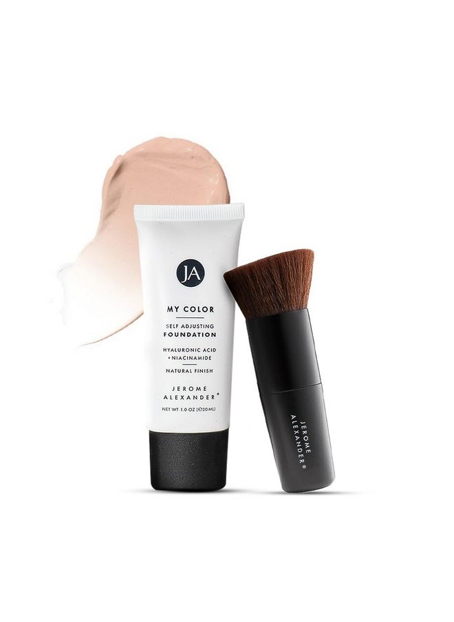 Jerome Alexander My Color Self-Adjusting Foundation, Hydrating & Lightweight Face Makeup, Skincare-Infused, with Kabuki Brush, Light, 1 oz