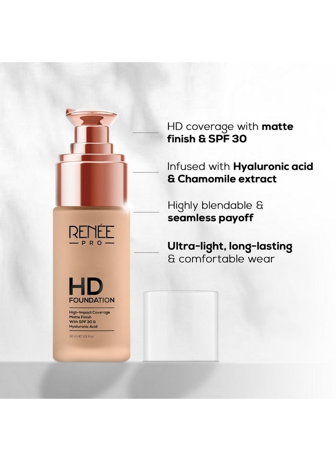 RENEE Pro Hd Foundation Matte Finish Lotion For All Skin Types|Highly Blendable Formula With Spf30|Weightless & Long Lasting|Full Coverage Enriched With Aloe,Coffee,Chamomile & Vitamin E,30 Ml,1 Count