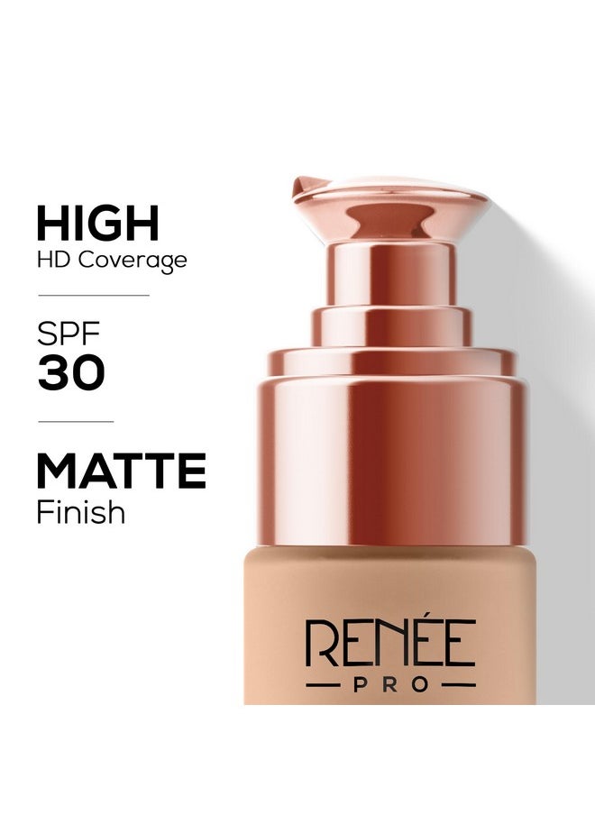 RENEE Pro Hd Foundation Matte Finish Lotion For All Skin Types|Highly Blendable Formula With Spf30|Weightless & Long Lasting|Full Coverage Enriched With Aloe,Coffee,Chamomile & Vitamin E,30 Ml,1 Count