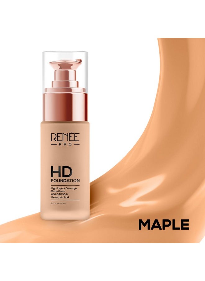 RENEE Pro Hd Foundation Matte Finish Lotion For All Skin Types|Highly Blendable Formula With Spf30|Weightless & Long Lasting|Full Coverage Enriched With Aloe,Coffee,Chamomile & Vitamin E,30 Ml,1 Count