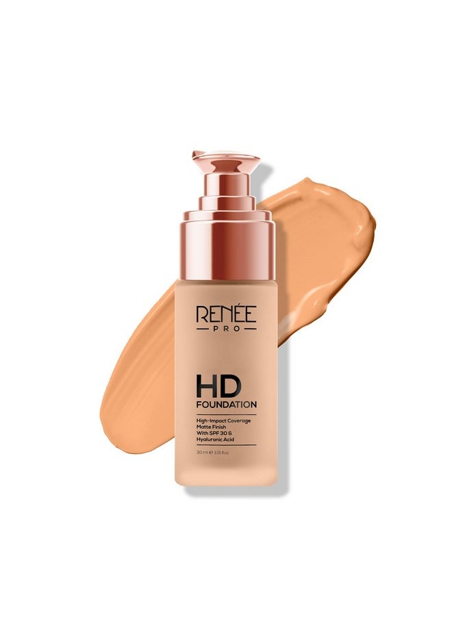 RENEE Pro Hd Foundation Matte Finish Lotion For All Skin Types|Highly Blendable Formula With Spf30|Weightless & Long Lasting|Full Coverage Enriched With Aloe,Coffee,Chamomile & Vitamin E,30 Ml,1 Count