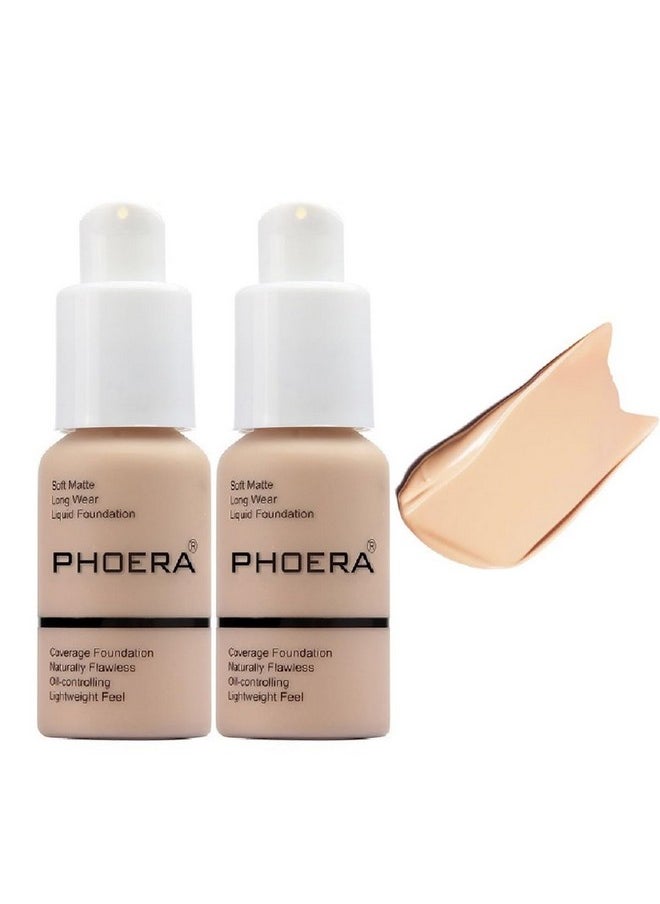 2 Pack PHOERA Foundation, Flawless Soft Matte 24HR Oil Control Full Coverage Foundation Makeup for Women.102 Nude-30ml