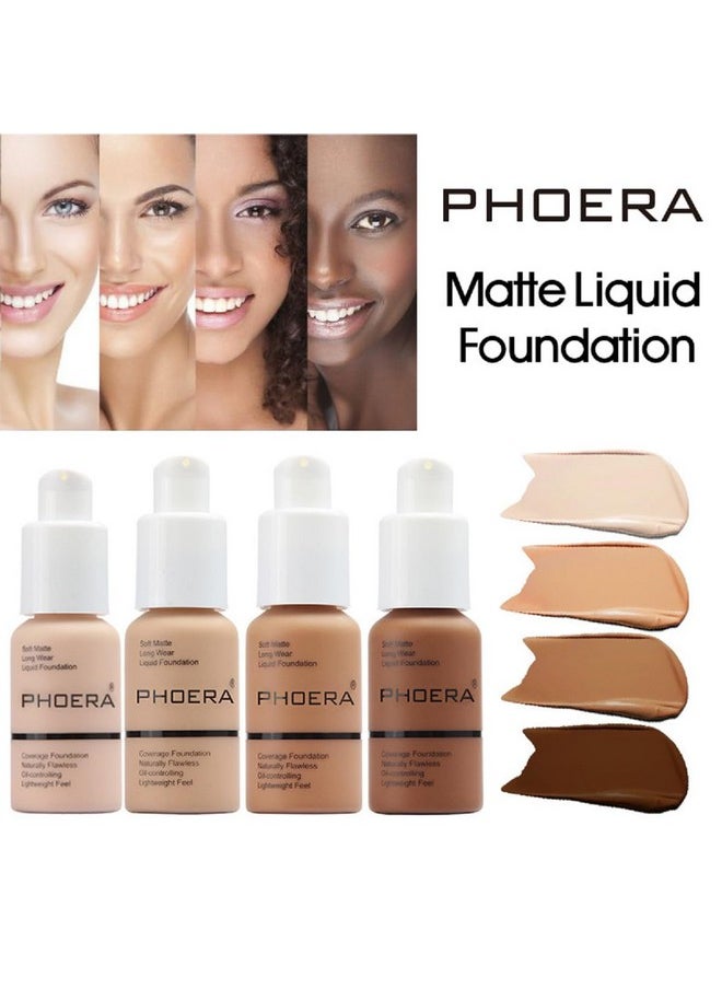 2 Pack PHOERA Foundation, Flawless Soft Matte 24HR Oil Control Full Coverage Foundation Makeup for Women.102 Nude-30ml