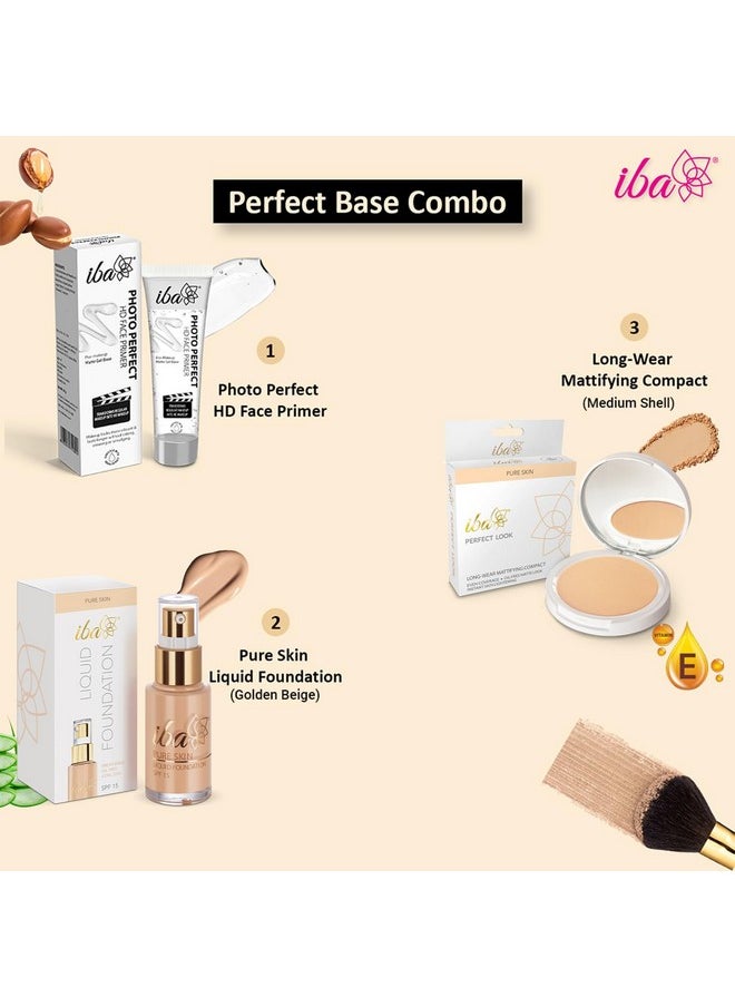 Iba Primer + Foundation + Compact Base Combo - Golden Beige | Valentine's Day Makeup Combo | Long Lasting, Full Coverage Base Makeup | Vegan & Cruelty-Free