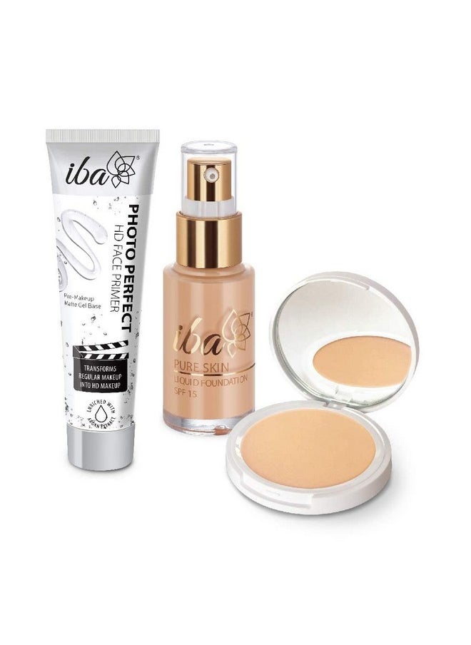 Iba Primer + Foundation + Compact Base Combo - Golden Beige | Valentine's Day Makeup Combo | Long Lasting, Full Coverage Base Makeup | Vegan & Cruelty-Free