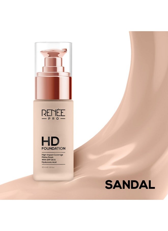 RENEE Pro Hd Foundation Full Coverage Matte Finish Lotion For All Skin Types|Highly Blendable Formula With Spf30|Weightless & Long Lasting|Enriched With Aloe,Coffee,Chamomile & Vitamin E,30 Ml,1 Count