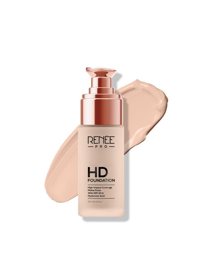 RENEE Pro Hd Foundation Full Coverage Matte Finish Lotion For All Skin Types|Highly Blendable Formula With Spf30|Weightless & Long Lasting|Enriched With Aloe,Coffee,Chamomile & Vitamin E,30 Ml,1 Count