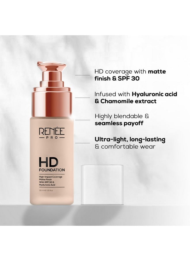 RENEE Pro Hd Foundation Full Coverage Matte Finish Lotion For All Skin Types|Highly Blendable Formula With Spf30|Weightless & Long Lasting|Enriched With Aloe,Coffee,Chamomile & Vitamin E,30 Ml,1 Count