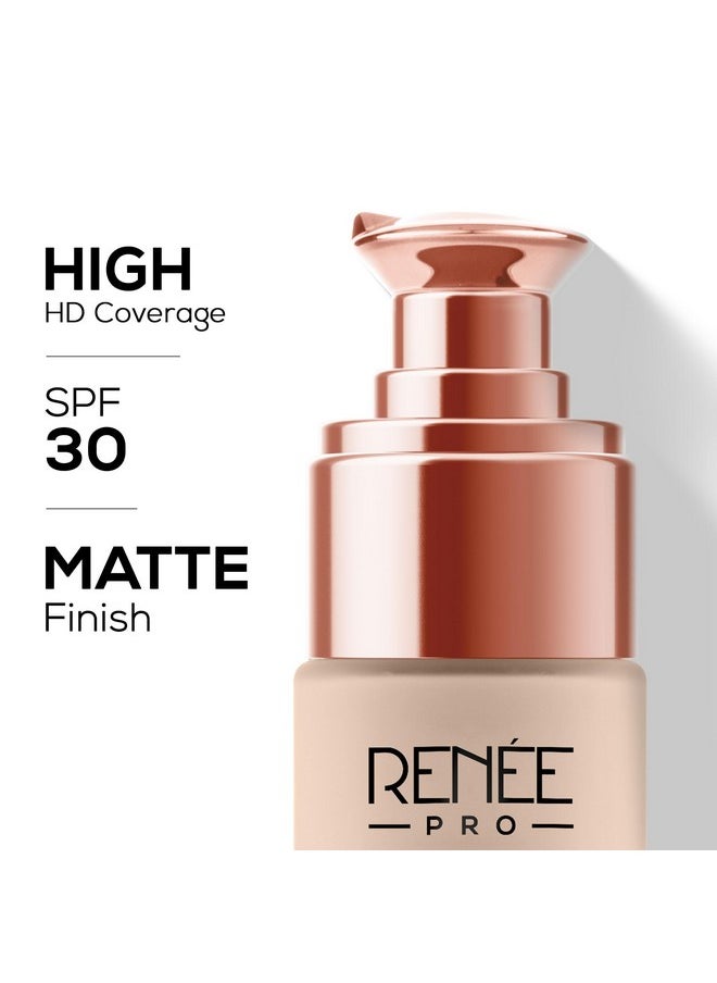 RENEE Pro Hd Foundation Full Coverage Matte Finish Lotion For All Skin Types|Highly Blendable Formula With Spf30|Weightless & Long Lasting|Enriched With Aloe,Coffee,Chamomile & Vitamin E,30 Ml,1 Count