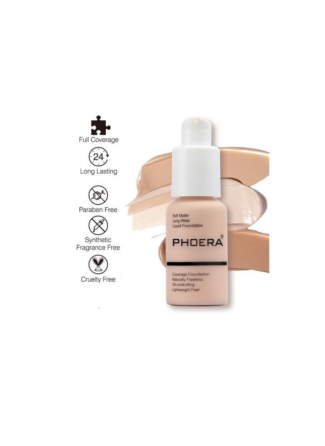 Phoera® Full Coverage Foundation Soft Matte Oil Control Concealer 30ml Flawless Cream Smooth Long Lasting (104 BUFF BEIGE)