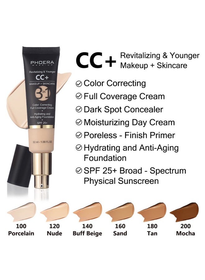 PHOERA Foundation, PHOERA CC+ Cream Color Correcting Anti Aging Hydrating Serum &SPF 25+, PHOERA Primer, PHOERA Makeup,Kabuki Makeup Brushes Foundation Brush (102 Nude +120 Nude CC Cream)